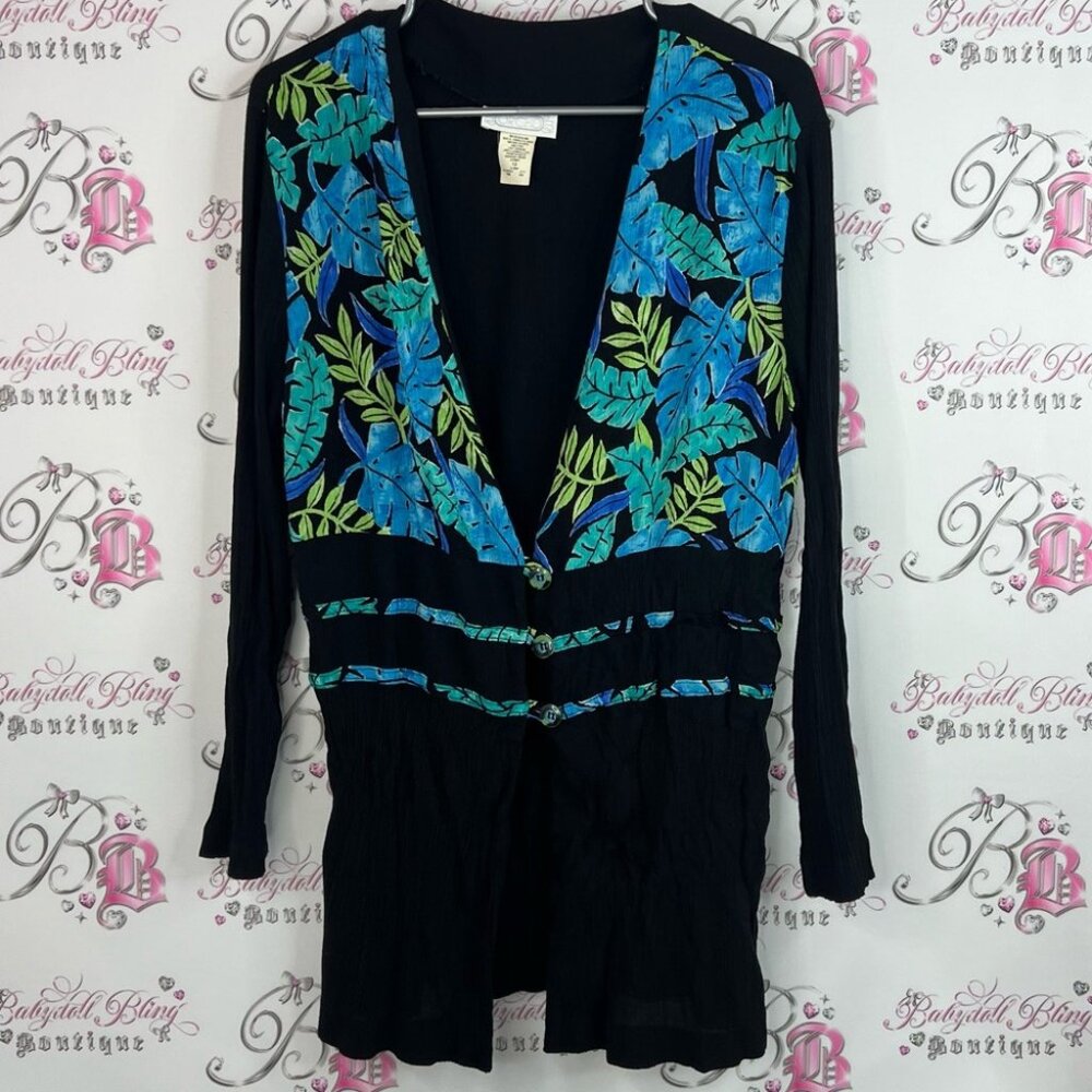 Orchid button up Vneck top Elegant Black and Blue Leaf Print Women's Blouse